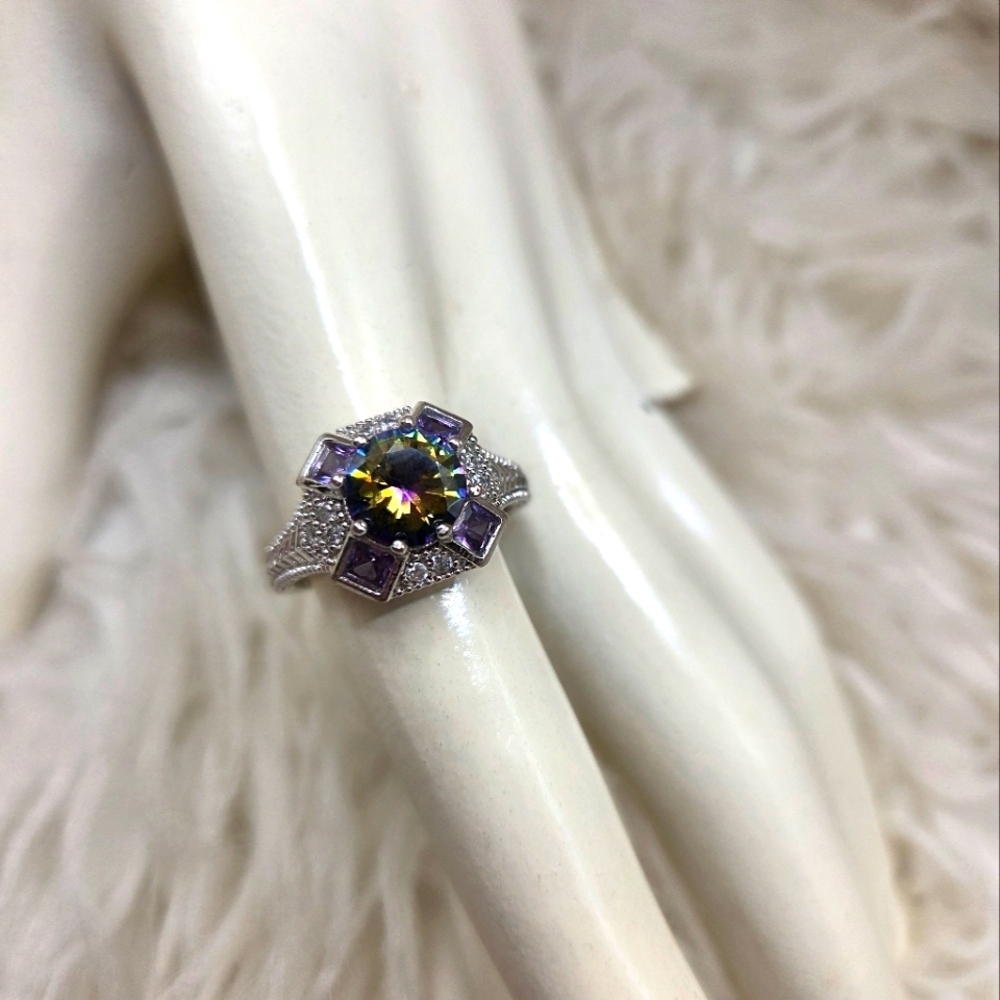 Sterling Silver Mystic Fire Topaz Amethyst Ring Size 7